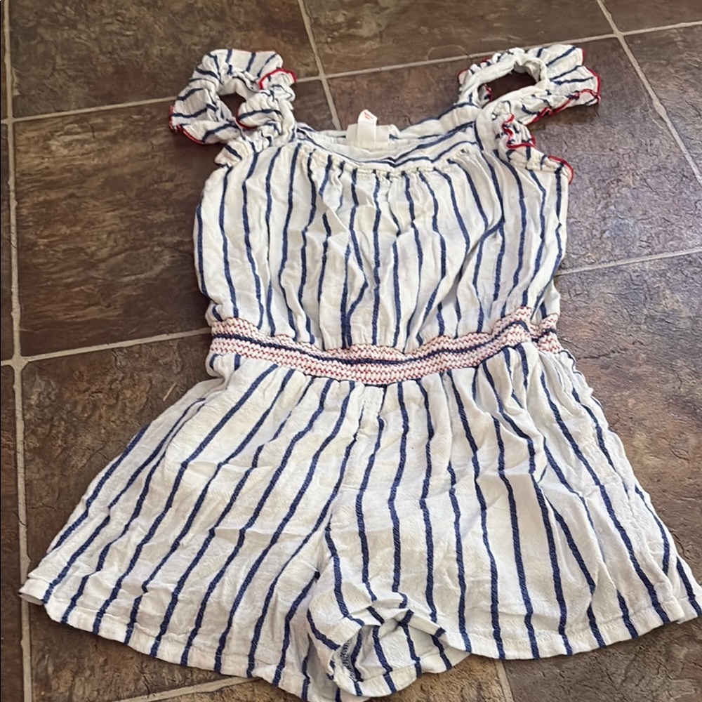 Cat & Jack Blue and White Striped Romper with Ruffled Sleeves